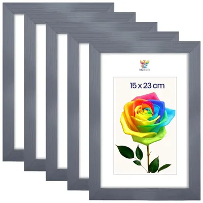 Produktbild von MG Design 5er Set Bilderrahmen 15 x 23 cm - Fotorahmen mit Grau Echtholzrahmen und bruchsicherem Acrylglas, Hoch & Quer zum Aufhängen, zum Aufstellen