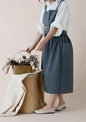 Produktbild von Einfarbige Baumwoll-Leinen-Schürze im japanischen Stil mit Kreuzrücken und Tasche für Damen und Herren in der Küche
