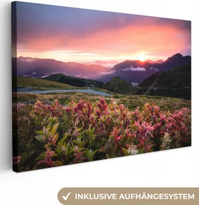 Produktbild von OneMillionCanvasses® - Leinwandbilder - 150x100 cm, Blumen - Berge - Landschaft - Nacht - Himmel - Rosa, Wandbilder Kunstdruck Wanddekoration