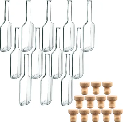 Immagine prodotto di gouveo set di 12 bottiglie di vetro 100 ml Amalfi con tappo in legno - bottiglia di design da 0,1 l con tappo in sughero da riempire e regalare