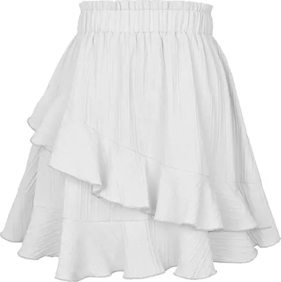Produktbild von Solid Rock Falten A-Linien-Kleid Sommer Kurzer Rock mit Rüschen（Weiss,XL)