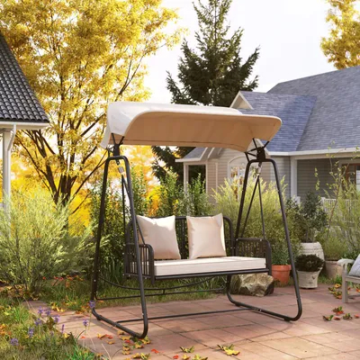 Produktbild von Hollywoodschaukel 2-Sitzer PE-Rattan, Gartenschaukel mit Sonnendach Kissen, Polyrattan Stahl, Khaki | 149x121x180 cm | bis 240 kg | UV-beständig