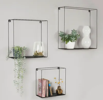 Produktbild von MARRAKESCH 3er Set Wandregal aus Metall Schwarz Boston 55/45/35cm | Industrial Wandregale 3 TLG Hängeregal mit Holz ablagen | Regal Regale für die Wand im Kinderzimmer oder Badezimmer als Wanddeko