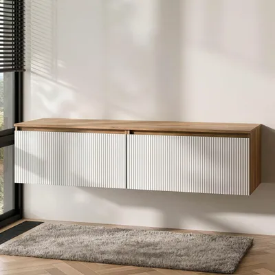 Produktbild von Planetmöbel ARISA Doppelwaschtischunterschrank 160 cm Gold Eiche / Weiß Geriffelt