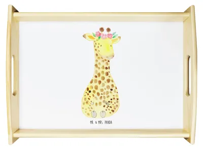 Produktbild von Mr. & Mrs. Panda Tablett Giraffe Blumenkranz - Weiß - Geschenk, Afrika, Abenteurer, holz, Holztablett, Selbstliebe, Serviertablett, Servier, Freundin, Sofa