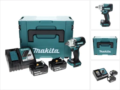 A set of Makita power tools including an impact wrench, batteries, charger, and a storage case, arranged on a white background.