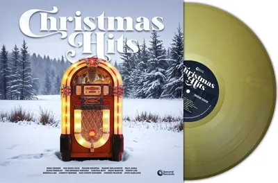 A vinyl record and its album cover are displayed side-by-side. The album cover features a snowy landscape with a vintage jukebox. The vinyl record is gold-colored.