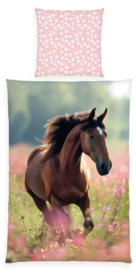 Immagine prodotto di TRANKIELO® - Set di biancheria da letto con motivo cavallo - Copripiumino 135x200 cm e federe 80x80 cm - 100% cotone