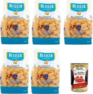 Produktbild von De Cecco Le Specialità Rigatoni Napoletani N°124, 100% Italienisch Pasta Nudeln 5x 500g + Italian Gourmet Polpa 400g