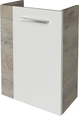 Produktbild von Fackelmann STANFORD Waschbeckenunterschrank schmal Unterschrank für Waschtisch im Gäste-WC (44 cm x 60 cm x 24,3 cm) Türanschlag rechts SBC Badezimmerschrank hängend in Braun hell/Weiß