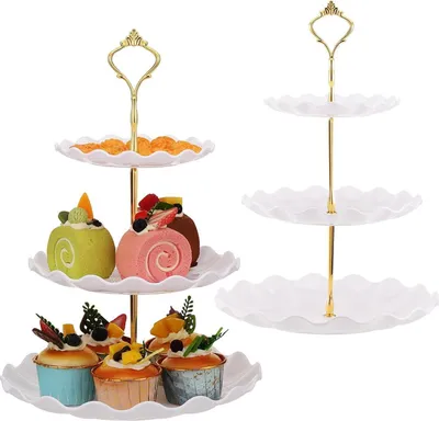 Image de support à 3 étages pour cupcakes Assiette à dessert Présentoir à gâteaux White PP