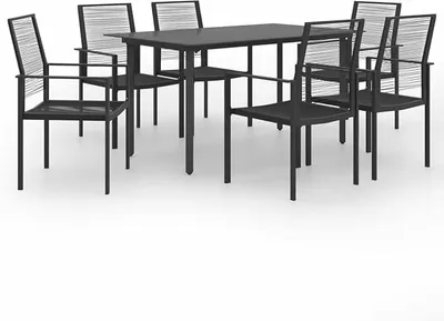 Produktbild von 7-TLG. Garten Essgruppe 6 Personen, Sitzgruppe 6+1, Esstisch mit Glas-Tischplatte & Stühle, Wetterfest Gartenmöbel Set Schwarz