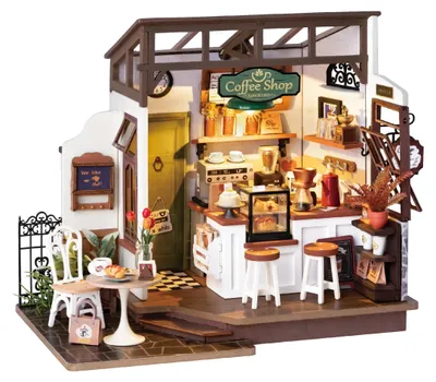 Zdjęcie produktu dla Miniaturowy domek dla lalek - Kawiarnia - Zestaw do samodzielnego montażu - Oświetlenie LED - Drewno - Dla dorosłych - Projekt hobbystyczny