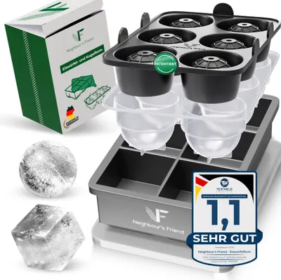 Produktbild von Neighbour's Friend Patentierte Eiskugelform mit XXL Eiswürfelform - Große Eiswürfelform rund Platinsilikon für Cocktails, Whisky & Longdrinks