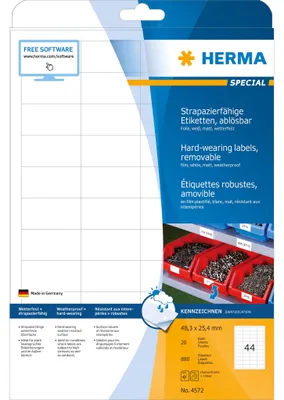 Produktbild von HERMA 4572, Weiß, Entfernbar, A4, -30 - 80 °C, 48,3 mm, 25,4 mm