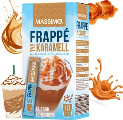 Produktbild von MASSIMO Frappé Karamell 250g (10 Sticks á 25g) Instant Getränkepulver mit Instant-Kaffee, koffeinhaltig, schnelle Zubereitung