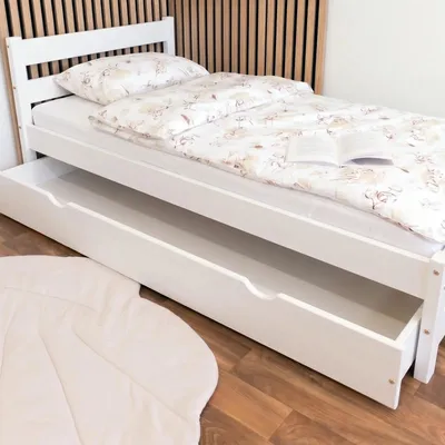 Produktbild von MEBLE WRÓBEL Kinderbett 90x200 cm mit Schublade und Lattenrost - Einzelbett aus Kiefer Massivholz - Kinder Bett Montessori - Jugendbett in Weiß - ohne Matratze