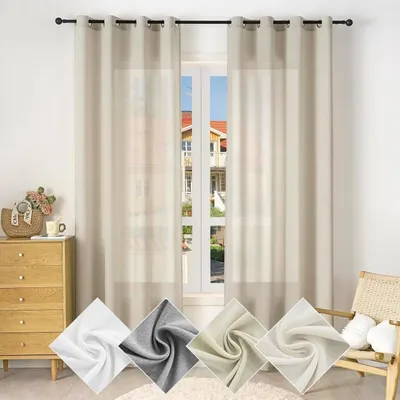 Obrázek produktu pro Záclona s poutky, vzhled lnu, poloprůhledná | Béžová | 135 x 225 cm