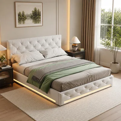 Image de INONEFT, lit rembourré 160x200 cm, lit coffre hydraulique avec éclairage LED, lit pour adolescents avec repose-tête réglable, tissu lin, couleur beige, sans matelas, Image générée par une IA