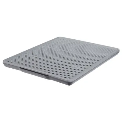 A gray perforated mat, likely for a litter box, is shown from a side angle against a white background.