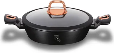 A black pot with rose gold handles and lid knob, shown from a slightly elevated front-left angle on a white background.