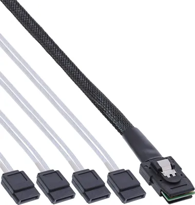 Produktbild von InLine SAS Anschlusskabel, Mini SAS SFF8087 an 4x SATA, Crossover, OCF, 0,5m, 0,5 m, Mini SAS SFF-8087 male, 4x SATA, Stecker/Stecker, Rot, 35 g
