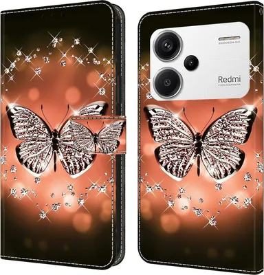 Produktbild von CLM-Tech Handyhülle kompatibel mit Xiaomi Redmi Note 13 Pro+ 5G / Redmi Note 13 Pro Plus 5G Hülle - Tasche aus Kunstleder - Klapphülle mit Ständer und Kartenfächern - Schutzhülle Wallet Case Cover Schmetterling Diamanten Muster