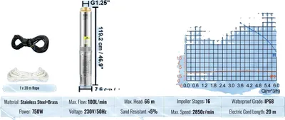 Produktbild von Tiefbrunnen-Tauchpumpe, 750W Leistung, 750W Eingebaut 100L, EU