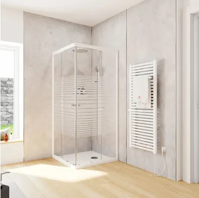 Produktbild von Eckeinstieg mit Gleittür/Schiebetür SCHULTE Sunny 75 - 90 cm x 175 cm Profil weiß Glasdekor Querstreifen Türanschlag lin