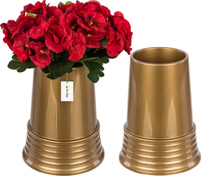 Productafbeelding van 2 stuks grafvaas, conisch van vorm, voor grafsteen, grafdecoratie, vaas voor bloemen op het graf, hoogte 24 cm, diameter 11 cm. Gouden bloemarrangementen voor zowel verse als kunstbloemen