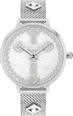 A close-up studio shot of a silver Police women's watch with a mesh band and a white dial featuring a crystal-embellished cross.
