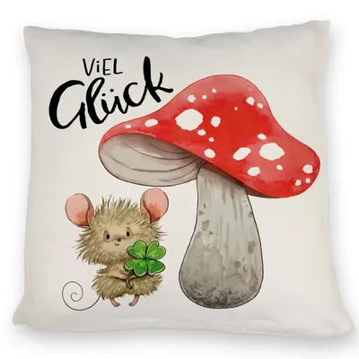 Produktbild von Maus mit Fliegenpilz Kissen mit Spruch Viel Glück