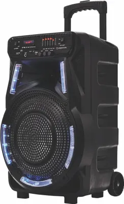 A black portable speaker with wheels and a retractable handle, featuring LED lights and a control panel.