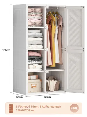Immagine prodotto di Armadio pieghevole - Contenitore per abiti - 69 x 50 x 136 cm - 6 cassetti - Barra appendiabiti - Porte magnetiche - Plastica - Bianco