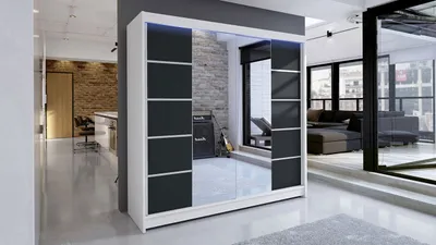 Obrázek produktu pro Šatní skříň 180 cm se zrcadlem a LED RGB osvětlením VILMA 5 - bílá / černá
