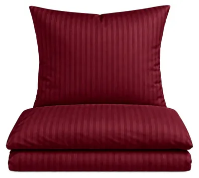 Image de Parure de lit en satin de coton 100% - Housse de couette à rayures avec fermeture à glissière invisible, couleur bordeaux, dimensions : 135 x 200 cm + 80 x 80 cm