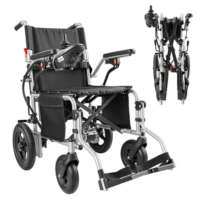 Produktbild von Faltrollstuhl elektrisch, Rollstuhl faltbar mit Joystick, Armlehnen, Fußstützen und Sicherheitsgurt, bis 150 kg
