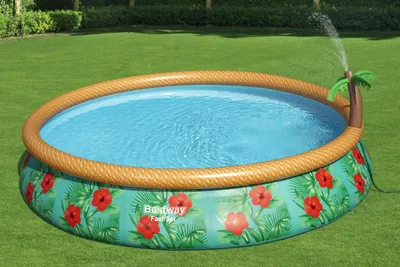 Produktbild von Bestway® Fast Set™ Aufstellpool-Set mit Wassersprinkler und Filterpumpe Ø 457 x 84 cm, Buntes Hawaii, rund