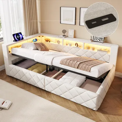 Obrázok produktu pre Rozkladacia pohovka 90x200 cm, s hydraulickým úložným priestorom, LED osvetlením, USB portom, poťah z ľanu (béžová)