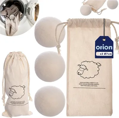 A collage of images showing wool dryer balls, a washing machine with clothes, and packaging for the dryer balls.