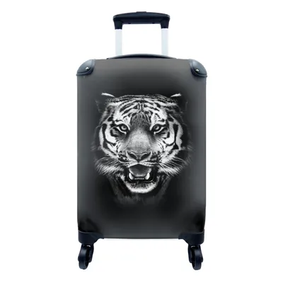 Produktbild von MuchoWow® Koffer Handgepäck Trolley Rollkoffer Kleine Reisekoffer mit 4 Rollen - Tigerkopf vor schwarzem Hintergrund - schwarz und weiß - Cabin Size < 55x40x23 cm & 55x40x20 cm - Fotokoffer - Kabinenkoffer - Boardgepäck - Reise-Box - Reisekoffer - Reisegepäck - Koffer mit Bild - Trolley für Kinder