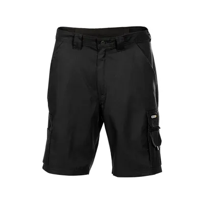 A pair of black cargo shorts on a white background.