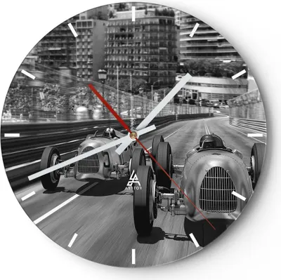 Produktbild von Wanduhr - Rund - Glasuhr - Formel 1 Retro - 30x30cm - Schleichendes Uhrwerk - Lautlos - zum Aufhängen bereit - Dekoration Modern - Wanddekoration aus Glas - C3AR30x30-4843