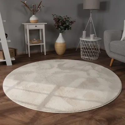 Produktbild von Teppich Kurzflor waschbar Einfarbig Wohnzimmer schmutzabweisend Creme Rund 100D | 100% Polyester | Florhöhe: 10 mm | Maschinenwäsche, pflegeleicht