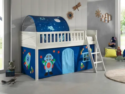 Produktbild von VIPACK - Spielbett SCOTT, LF 90 x 200 cm, mit Rolllattenrost, Leiter und Textilset Vorhang und Tunnel "Astro"