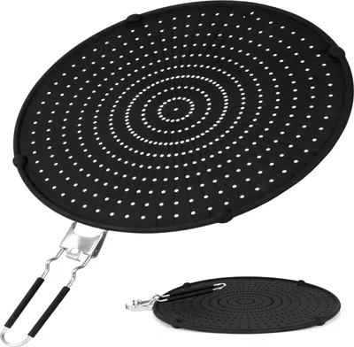 A black silicone splatter screen with a foldable handle is shown against a white background. A smaller, similar splatter screen is visible in the lower right corner.