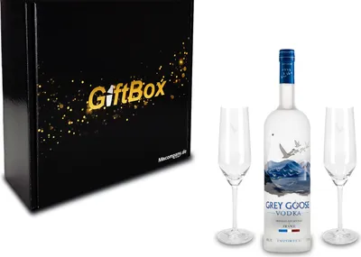 Produktbild von Grey Goose Vodka Geschenk Set - Grey Goose Vodka 0,7l 700ml (40% Vol) + 2 Flöten Gläser (sehr selten)