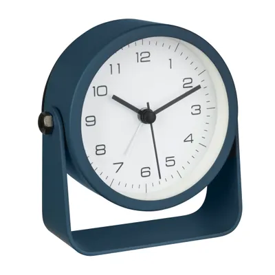A blue analog alarm clock with a white face and black hands, shown on a white background.