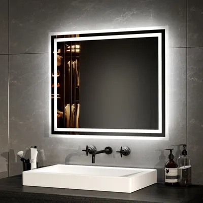 Image de Miroir de salle de bain EMKE LED avec éclairage 50X60 cm anti-buée, miroir mural miroir de salle de bain avec interrupteur mécanique, couleurs de lumière 3000K/6500K, IP44