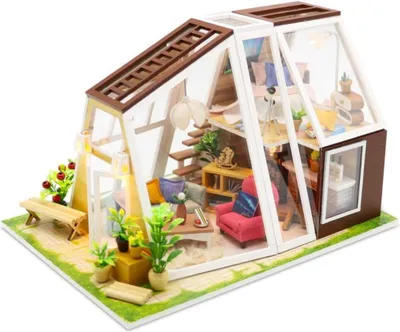 Image de Habarri | Maison Miniature - DIY Maison de Poupées - Maison en Bois avec Meubles et éclairage LED - Cadeau pour Enfants - Maison Au Bord Du Lac